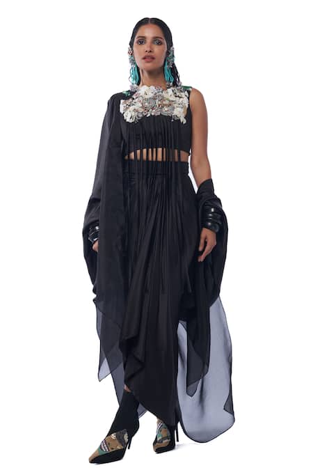Buy AK-OK Black Silk Fringe, Beads Round Abstract Patch Work Crop Top Knotted Skirt Set Online at Aza Fashions Buy_AK-OK_Black Silk Fringe, Beads Round Abstract Patch Work Crop Top Knotted Skirt Set _Online_at_Aza_Fashions