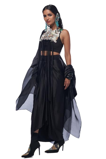Shop AK-OK Black Silk Fringe, Beads Round Abstract Patch Work Crop Top Knotted Skirt Set Online at Aza Fashions Shop_AK-OK_Black Silk Fringe, Beads Round Abstract Patch Work Crop Top Knotted Skirt Set _Online_at_Aza_Fashions
