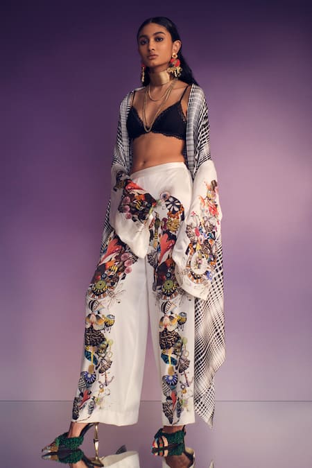 Shop AK-OK Multi Color Silk Dupplin Check Wrap Cape With Abstract Art Trouser at Aza Fashions Shop_AK-OK_Multi Color Silk Dupplin Check Wrap Cape With Abstract Art Trouser _at_Aza_Fashions