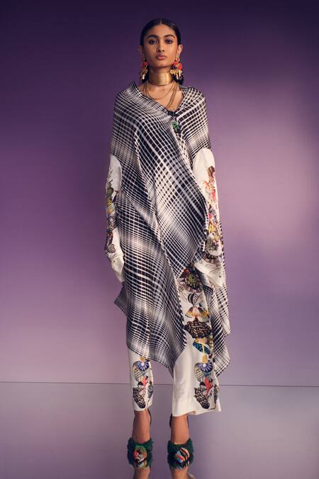 AK-OK Multi Color Silk Dupplin Check Wrap Cape With Abstract Art Trouser Online at Aza Fashions AK-OK_Multi Color Silk Dupplin Check Wrap Cape With Abstract Art Trouser _Online_at_Aza_Fashions