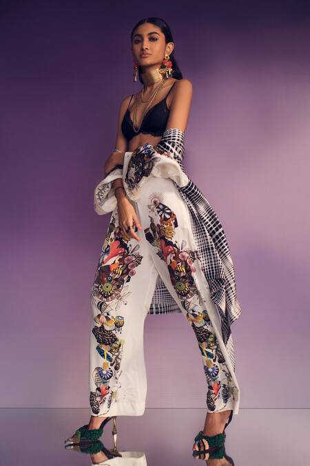 Buy AK-OK Multi Color Silk Dupplin Check Wrap Cape With Abstract Art Trouser Online at Aza Fashions Buy_AK-OK_Multi Color Silk Dupplin Check Wrap Cape With Abstract Art Trouser _Online_at_Aza_Fashions