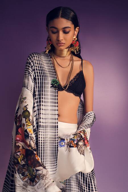 Shop AK-OK Multi Color Silk Dupplin Check Wrap Cape With Abstract Art Trouser Online at Aza Fashions Shop_AK-OK_Multi Color Silk Dupplin Check Wrap Cape With Abstract Art Trouser _Online_at_Aza_Fashions