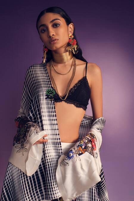 AK-OK Multi Color Silk Dupplin Check Wrap Cape With Abstract Art Trouser at Aza Fashions AK-OK_Multi Color Silk Dupplin Check Wrap Cape With Abstract Art Trouser _at_Aza_Fashions