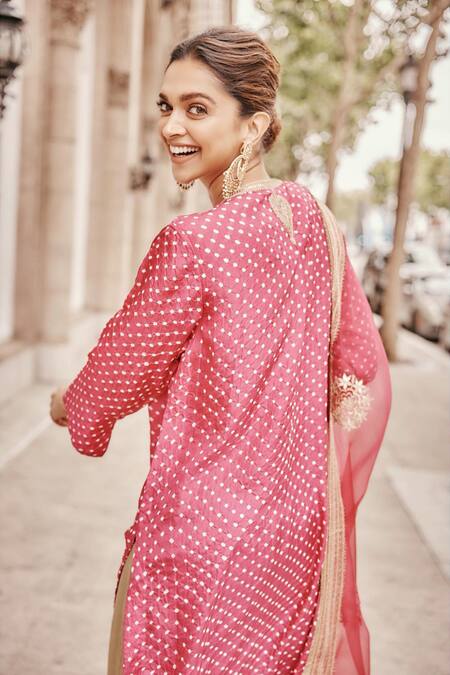 Shop Lajjoo C Pink Chanderi Zari Mahi Bandhani Zardozi Embroidered Yoke Kurta With Palazzo at Aza Fashions Shop_Lajjoo C_Pink Chanderi Zari Mahi Bandhani Zardozi Embroidered Yoke Kurta With Palazzo_at_Aza_Fashions