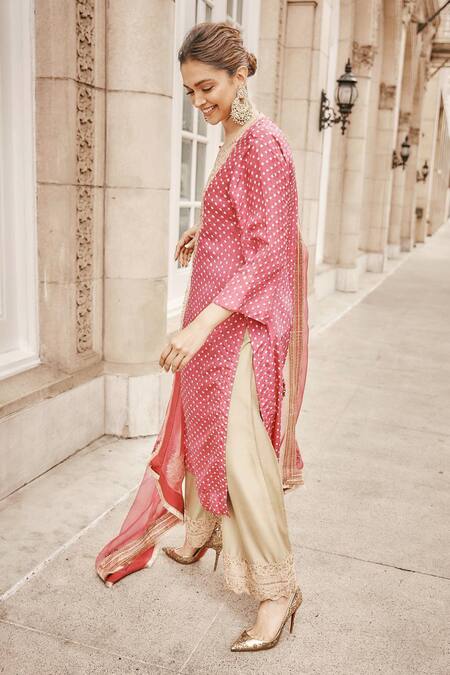 Lajjoo C Pink Chanderi Zari Mahi Bandhani Zardozi Embroidered Yoke Kurta With Palazzo Online at Aza Fashions Lajjoo C_Pink Chanderi Zari Mahi Bandhani Zardozi Embroidered Yoke Kurta With Palazzo_Online_at_Aza_Fashions