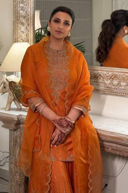 Lajjoo C_Orange Silk Embroidery Marodi Round Ruma Gardenia Zari Yoke Kurta With Sharara _Online_at_Aza_Fashions