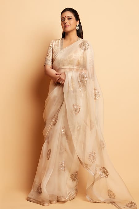 Lajjoo C Ivory Organza Embroidery Floral Swerve Inaaya Saree 