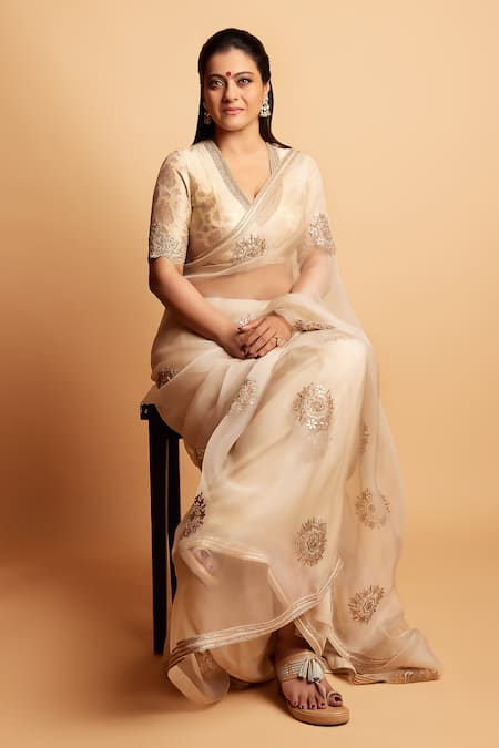 Shop_Lajjoo C_Ivory Organza Embroidery Floral Swerve Inaaya Saree _at_Aza_Fashions