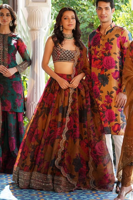 Astha Narang Yellow Organza Embroidery, Sequins Round Neck Floral Print Blouse Lehenga Set Online at Aza Fashions Astha Narang_Yellow Organza Embroidery, Sequins Round Neck Floral Print Blouse Lehenga Set _Online_at_Aza_Fashions