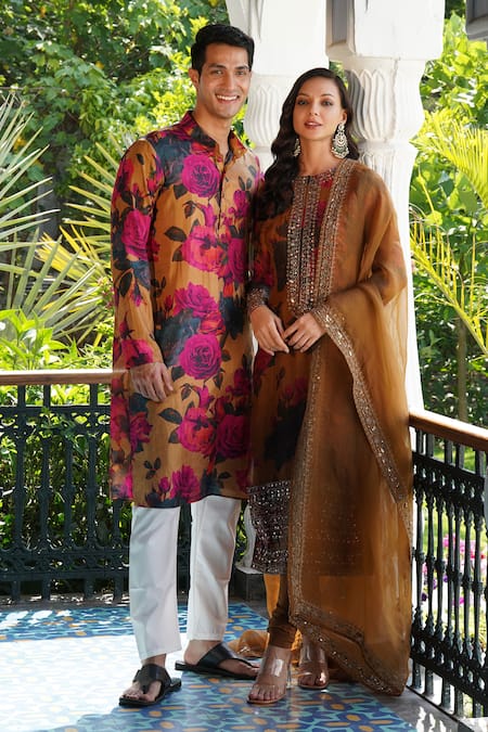 Shop Astha Narang Yellow Organza Sequins, Embroidery Round Neck Floral Print Kurta Churidar Set at Aza Fashions Shop_Astha Narang_Yellow Organza Sequins, Embroidery Round Neck Floral Print Kurta Churidar Set _at_Aza_Fashions