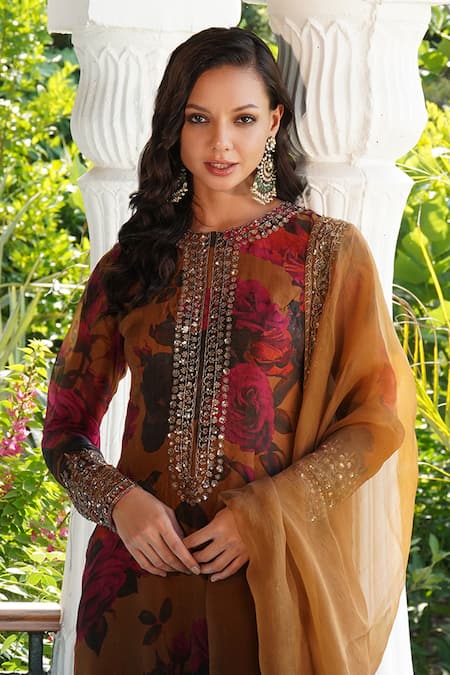 Astha Narang Yellow Organza Sequins, Embroidery Round Neck Floral Print Kurta Churidar Set Online at Aza Fashions Astha Narang_Yellow Organza Sequins, Embroidery Round Neck Floral Print Kurta Churidar Set _Online_at_Aza_Fashions