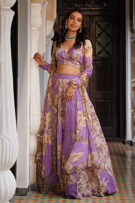 Buy Green Raw Silk Applique Floral Scoop Neck Pattern Lehenga With Blouse  For Women by KIRAN KALSI Online at Aza Fashions.