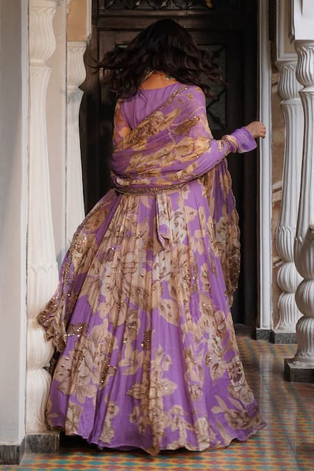 Shop Astha Narang Purple Chiffon Sequins, Embroidery V-neck Floral Pattern Blouse Lehenga Set at Aza Fashions Shop_Astha Narang_Purple Chiffon Sequins, Embroidery V-neck Floral Pattern Blouse Lehenga Set _at_Aza_Fashions