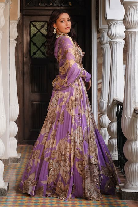 Buy Astha Narang Purple Chiffon Sequins, Embroidery V-neck Floral Pattern Blouse Lehenga Set Online at Aza Fashions Buy_Astha Narang_Purple Chiffon Sequins, Embroidery V-neck Floral Pattern Blouse Lehenga Set _Online_at_Aza_Fashions