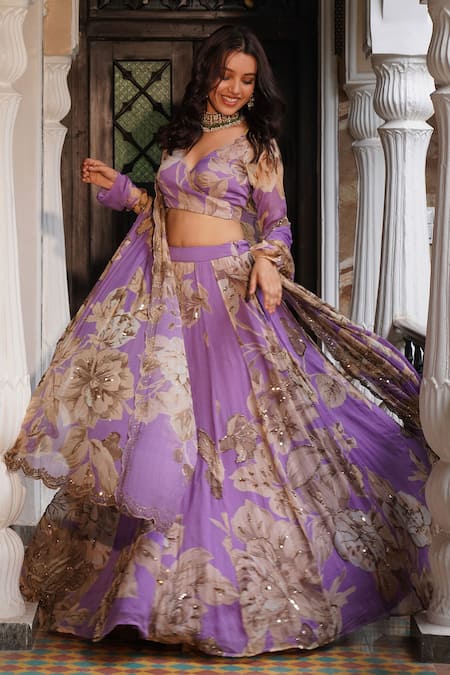 Shop Astha Narang Purple Chiffon Sequins, Embroidery V-neck Floral Pattern Blouse Lehenga Set Online at Aza Fashions Shop_Astha Narang_Purple Chiffon Sequins, Embroidery V-neck Floral Pattern Blouse Lehenga Set _Online_at_Aza_Fashions