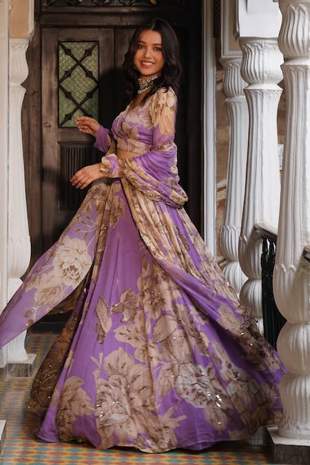 Astha Narang Purple Chiffon Sequins, Embroidery V-neck Floral Pattern Blouse Lehenga Set at Aza Fashions Astha Narang_Purple Chiffon Sequins, Embroidery V-neck Floral Pattern Blouse Lehenga Set _at_Aza_Fashions