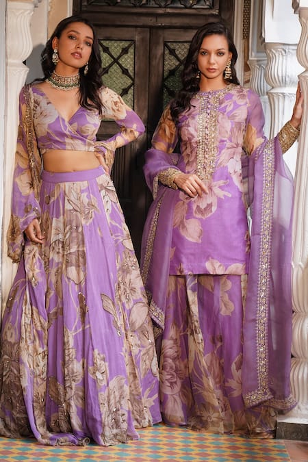 Buy Astha Narang Purple Chiffon Sequins, Embroidery V-neck Floral Pattern Blouse Lehenga Set Buy_Astha Narang_Purple Chiffon Sequins, Embroidery V-neck Floral Pattern Blouse Lehenga Set