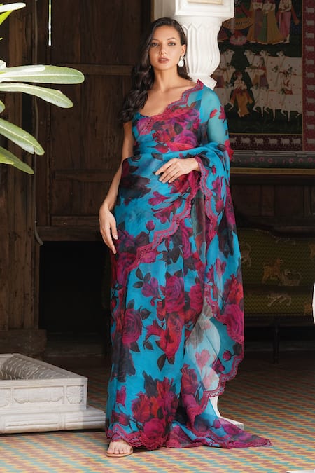 Shop Astha Narang Blue Organza Sequins, Embroidery Round Neck Floral Print Saree With Blouse at Aza Fashions Shop_Astha Narang_Blue Organza Sequins, Embroidery Round Neck Floral Print Saree With Blouse _at_Aza_Fashions