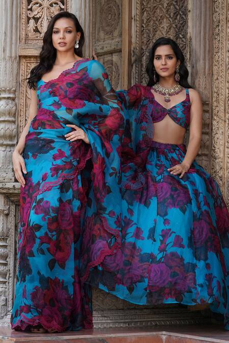 Buy Astha Narang Blue Organza Sequins, Embroidery Round Neck Floral Print Saree With Blouse Online at Aza Fashions Buy_Astha Narang_Blue Organza Sequins, Embroidery Round Neck Floral Print Saree With Blouse _Online_at_Aza_Fashions