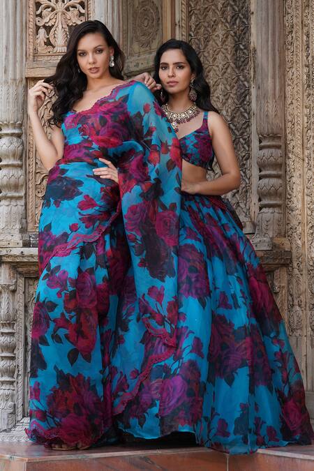 Shop Astha Narang Blue Organza Sequins, Embroidery Round Neck Floral Print Saree With Blouse Online at Aza Fashions Shop_Astha Narang_Blue Organza Sequins, Embroidery Round Neck Floral Print Saree With Blouse _Online_at_Aza_Fashions