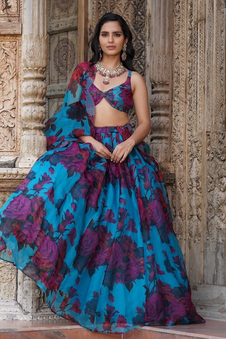 Shop_Astha Narang_Blue Organza Sequins, Embroidery Asymmetric Floral Print Lehenga Set _at_Aza_Fashions