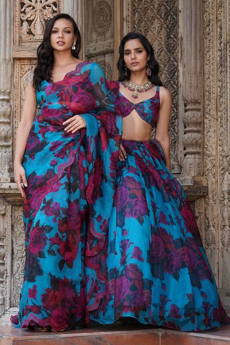 Astha Narang_Blue Organza Sequins, Embroidery Asymmetric Floral Print Lehenga Set _Online_at_Aza_Fashions