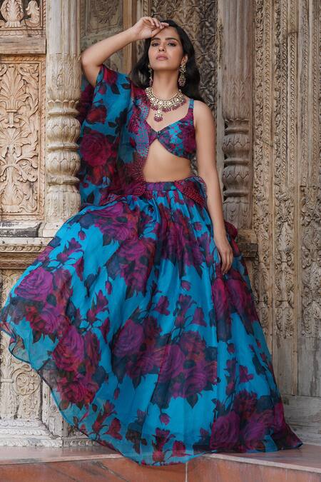 Buy_Astha Narang_Blue Organza Sequins, Embroidery Asymmetric Floral Print Lehenga Set _Online_at_Aza_Fashions