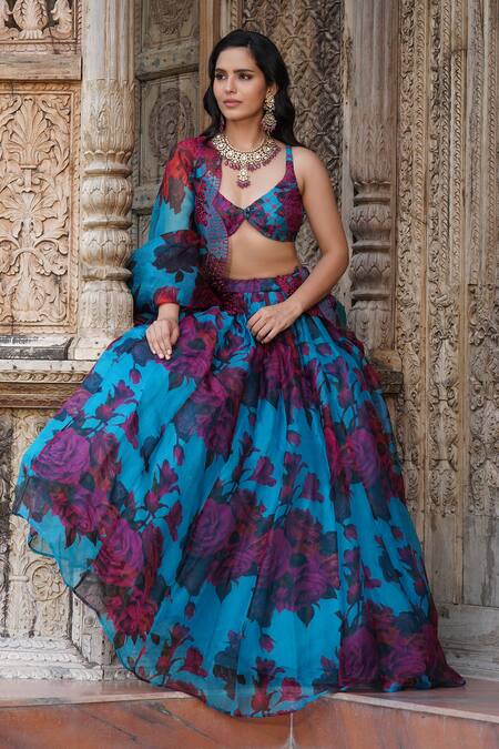 Astha Narang_Blue Organza Sequins, Embroidery Asymmetric Floral Print Lehenga Set _at_Aza_Fashions