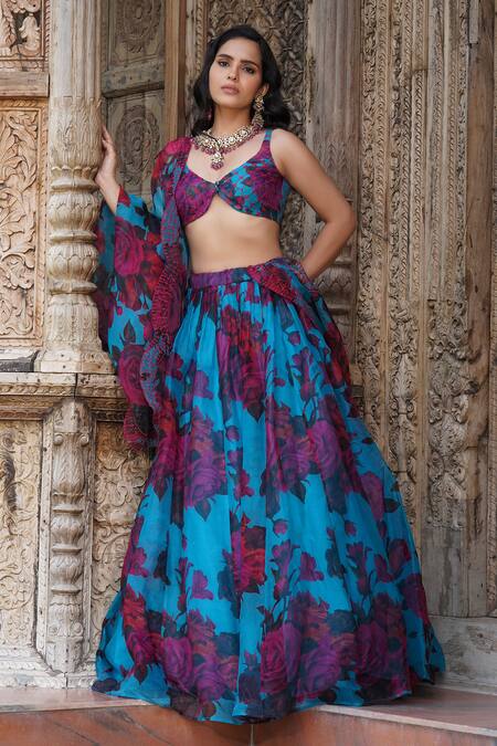 Buy_Astha Narang_Blue Organza Sequins, Embroidery Asymmetric Floral Print Lehenga Set 