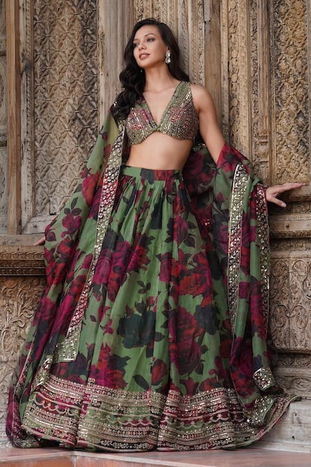 Shop Astha Narang Green Organza Embroidery, Sequins Asymmetric Floral Pattern Lehenga Set at Aza Fashions Shop_Astha Narang_Green Organza Embroidery, Sequins Asymmetric Floral Pattern Lehenga Set _at_Aza_Fashions