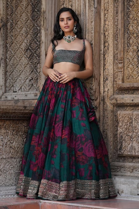 Shop Astha Narang Green Organza Sequins, Embroidery Square Neck Floral Print Blouse And Lehenga Set at Aza Fashions Shop_Astha Narang_Green Organza Sequins, Embroidery Square Neck Floral Print Blouse And Lehenga Set _at_Aza_Fashions