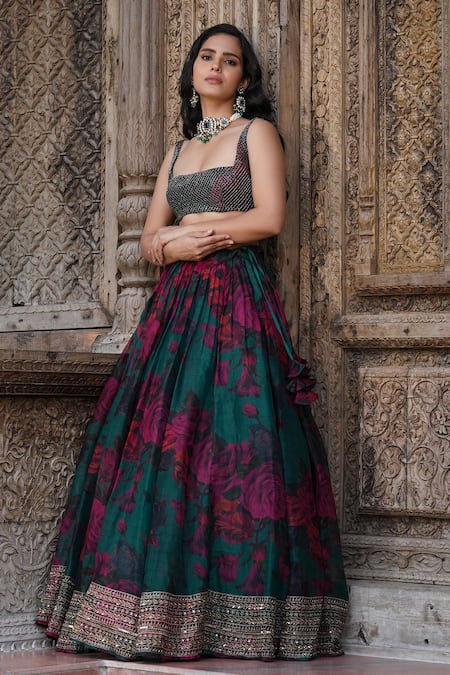Buy Astha Narang Green Organza Sequins, Embroidery Square Neck Floral Print Blouse And Lehenga Set Online at Aza Fashions Buy_Astha Narang_Green Organza Sequins, Embroidery Square Neck Floral Print Blouse And Lehenga Set _Online_at_Aza_Fashions