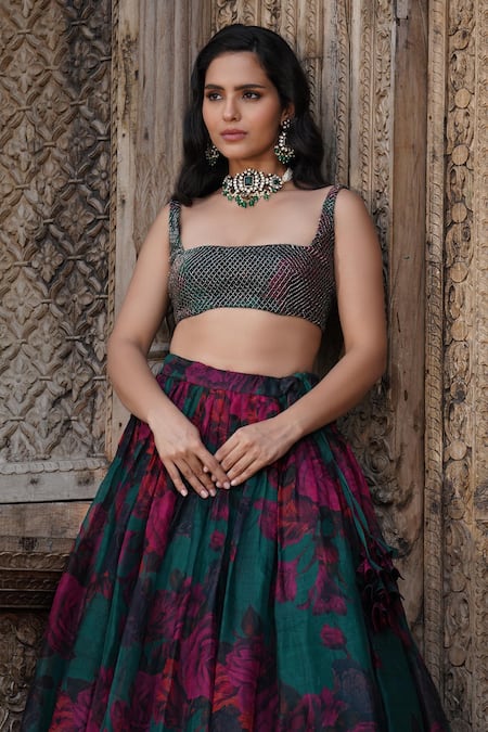 Shop Astha Narang Green Organza Sequins, Embroidery Square Neck Floral Print Blouse And Lehenga Set Online at Aza Fashions Shop_Astha Narang_Green Organza Sequins, Embroidery Square Neck Floral Print Blouse And Lehenga Set _Online_at_Aza_Fashions