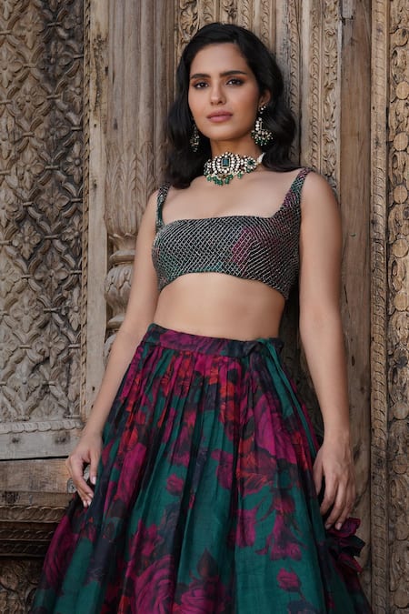 Astha Narang Green Organza Sequins, Embroidery Square Neck Floral Print Blouse And Lehenga Set at Aza Fashions Astha Narang_Green Organza Sequins, Embroidery Square Neck Floral Print Blouse And Lehenga Set _at_Aza_Fashions