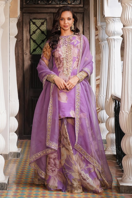 Astha Narang Purple Organza Printed Floral Round Pattern Kurta Sharara Set 