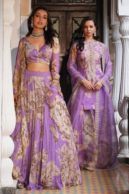 Astha Narang_Purple Organza Sequins, Embroidery Round Neck Floral Pattern Kurta Sharara Set _Online_at_Aza_Fashions