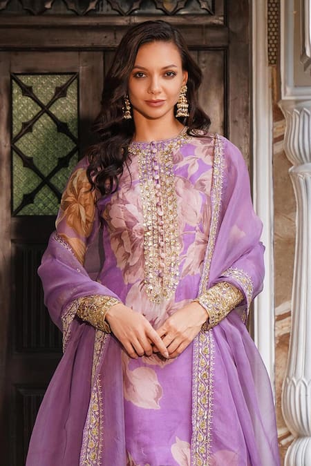 Buy_Astha Narang_Purple Organza Sequins, Embroidery Round Neck Floral Pattern Kurta Sharara Set _Online_at_Aza_Fashions