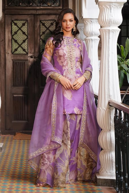 Astha Narang_Purple Organza Sequins, Embroidery Round Neck Floral Pattern Kurta Sharara Set _at_Aza_Fashions