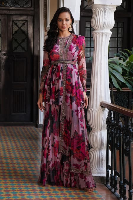 Shop Astha Narang Purple Organza Sequins, Embroidery Round Floral Print Peplum Kurta Sharara Set at Aza Fashions Shop_Astha Narang_Purple Organza Sequins, Embroidery Round Floral Print Peplum Kurta Sharara Set _at_Aza_Fashions