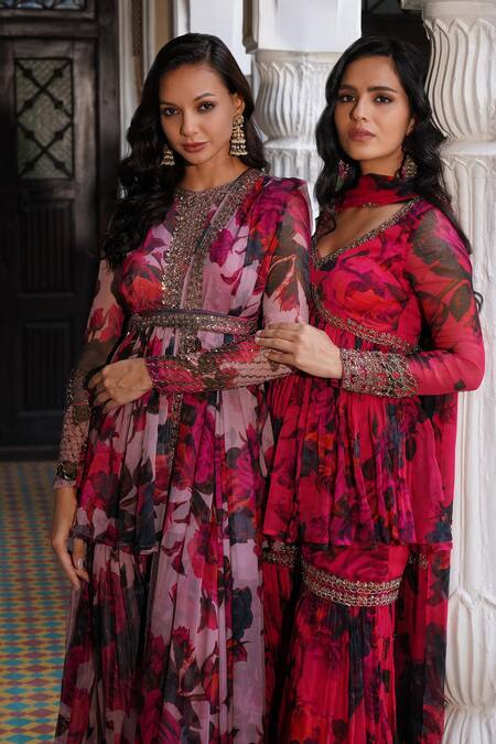 Astha Narang Purple Organza Sequins, Embroidery Round Floral Print Peplum Kurta Sharara Set Online at Aza Fashions Astha Narang_Purple Organza Sequins, Embroidery Round Floral Print Peplum Kurta Sharara Set _Online_at_Aza_Fashions
