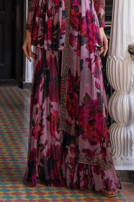 Buy Astha Narang Purple Organza Sequins, Embroidery Round Floral Print Peplum Kurta Sharara Set Online at Aza Fashions Buy_Astha Narang_Purple Organza Sequins, Embroidery Round Floral Print Peplum Kurta Sharara Set _Online_at_Aza_Fashions