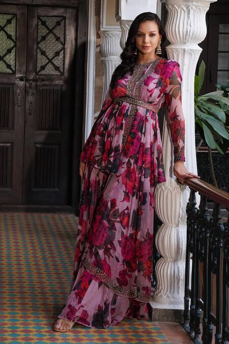 Shop Astha Narang Purple Organza Sequins, Embroidery Round Floral Print Peplum Kurta Sharara Set Online at Aza Fashions Shop_Astha Narang_Purple Organza Sequins, Embroidery Round Floral Print Peplum Kurta Sharara Set _Online_at_Aza_Fashions