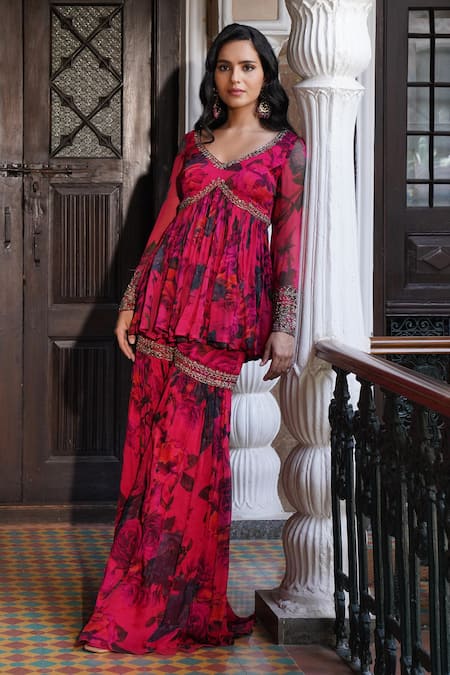 Shop_Astha Narang_Pink Organza Embroidery, Sequins Floral Pattern Peplum Kurta Sharara Set _at_Aza_Fashions