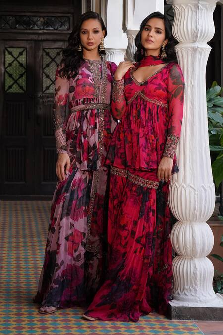 Astha Narang_Pink Organza Embroidery, Sequins Floral Pattern Peplum Kurta Sharara Set _Online_at_Aza_Fashions