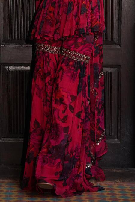 Shop_Astha Narang_Pink Organza Embroidery, Sequins Floral Pattern Peplum Kurta Sharara Set _Online_at_Aza_Fashions