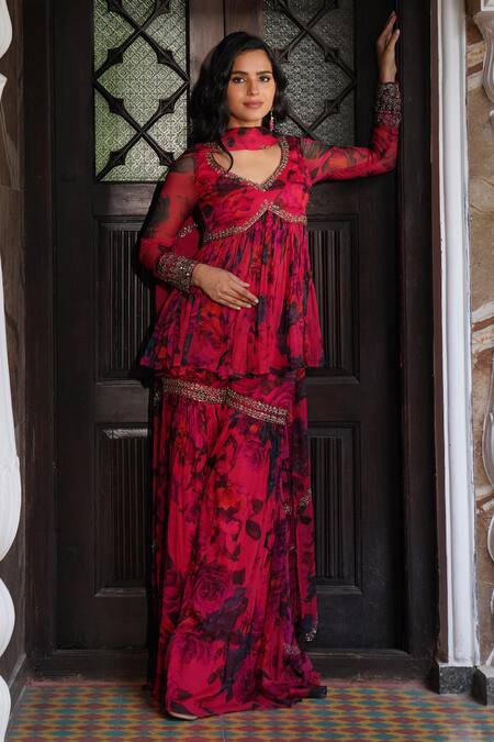 Astha Narang_Pink Organza Embroidery, Sequins Floral Pattern Peplum Kurta Sharara Set _at_Aza_Fashions