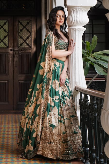 Shop Astha Narang Green Silk Sequins, Embroidery Round Neck Floral Print Lehenga Set at Aza Fashions Shop_Astha Narang_Green Silk Sequins, Embroidery Round Neck Floral Print Lehenga Set _at_Aza_Fashions