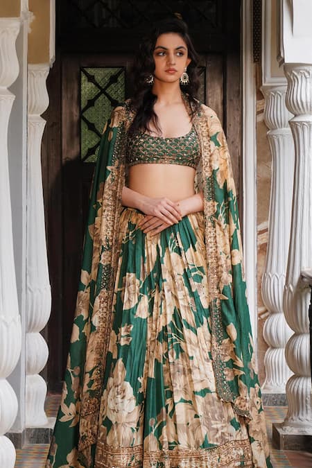 Astha Narang Green Silk Sequins, Embroidery Round Neck Floral Print Lehenga Set Online at Aza Fashions Astha Narang_Green Silk Sequins, Embroidery Round Neck Floral Print Lehenga Set _Online_at_Aza_Fashions