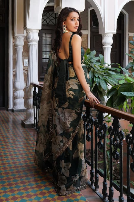 Shop Astha Narang Green Organza Embroidery Round Neck Floral Pattern Saree With Blouse Online at Aza Fashions Shop_Astha Narang_Green Organza Embroidery Round Neck Floral Pattern Saree With Blouse _Online_at_Aza_Fashions