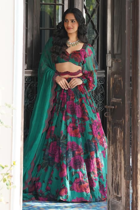 Astha Narang Green Chiffon Sequins, Embroidery Sweetheart Neck Floral Print Lehenga Set Online at Aza Fashions Astha Narang_Green Chiffon Sequins, Embroidery Sweetheart Neck Floral Print Lehenga Set _Online_at_Aza_Fashions